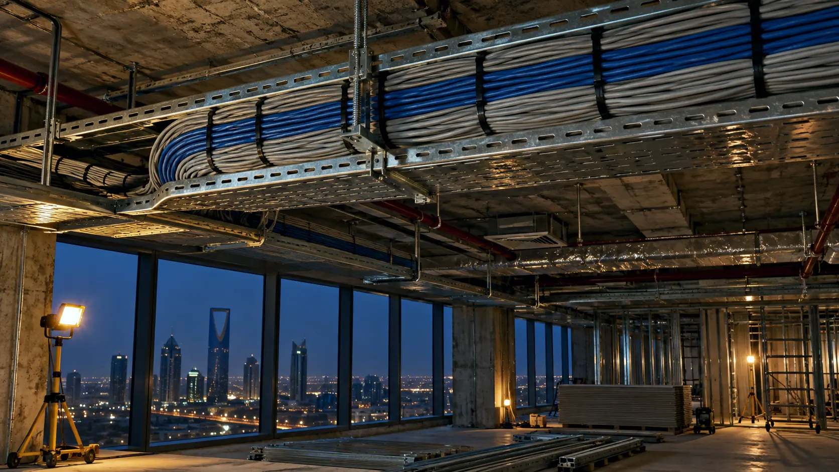 Blue and grey network cables laid in a ceiling tray across an office floor being fitted out at night