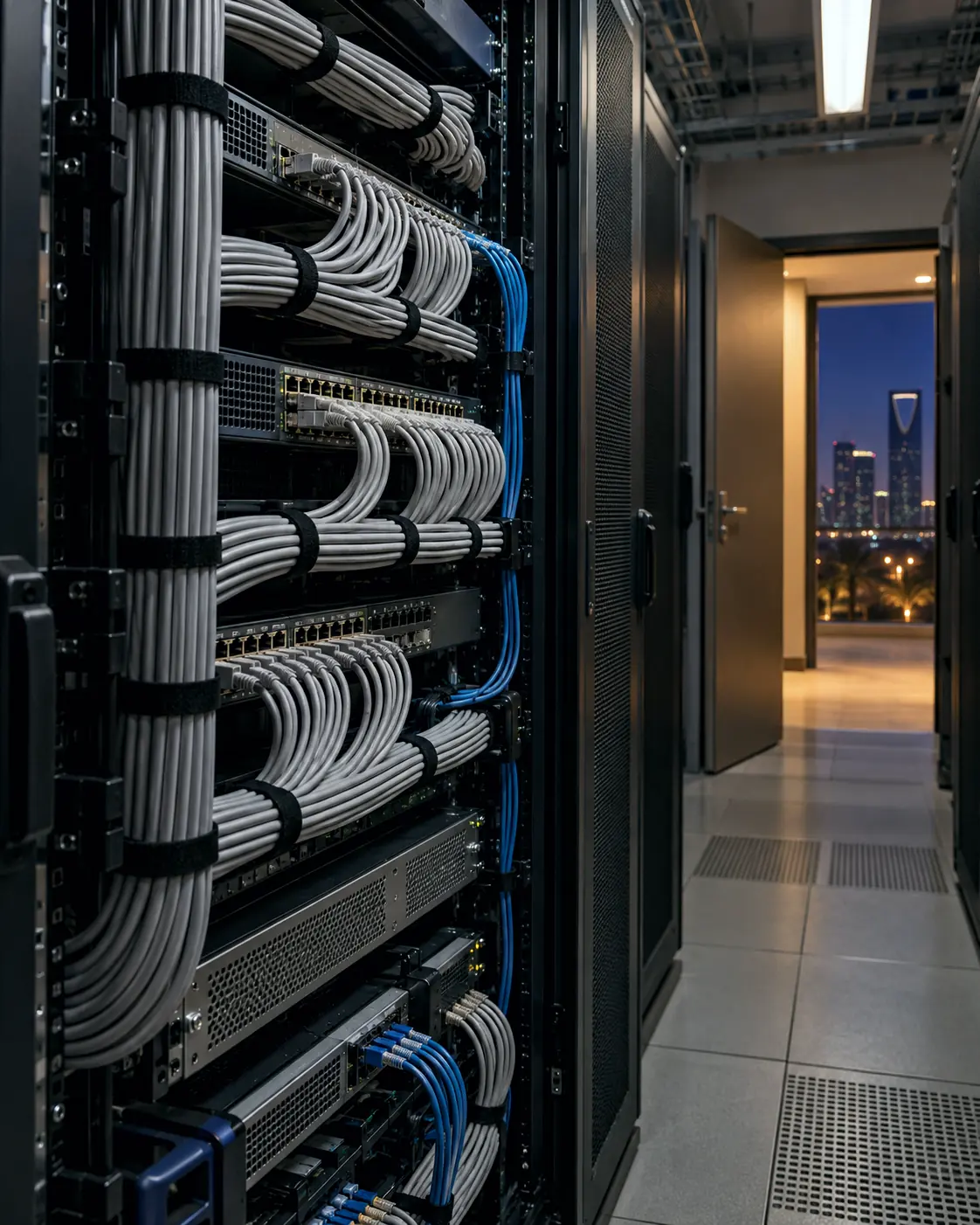 An open equipment rack with neatly dressed patch cables in a small server room